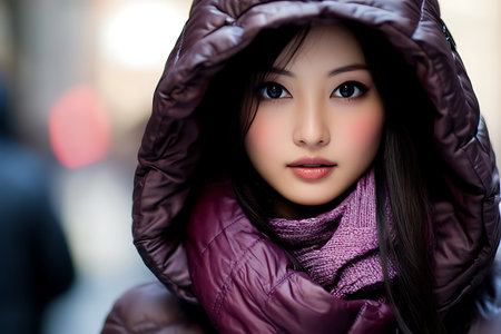 A shot of a beautiful asian woman in winter clothes outdoor.の素材