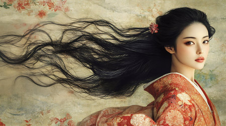 Beautiful asian woman with long black hair. Vintage style.の素材