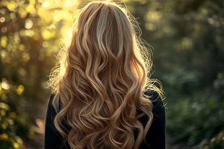Blonde girl with long curly hair in the park at sunset.の素材