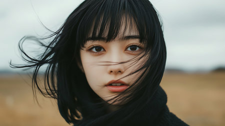 Portrait of a beautiful young asian woman with black hair.の素材