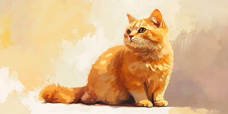 Cute ginger cat sitting on the floor. Digital watercolor painting.の素材
