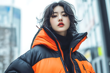 beautiful young woman in an orange jacket on the street in the cityの素材