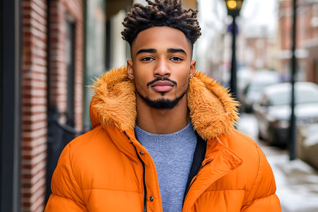 young african american man with afro hairstyle in winter jacketの素材
