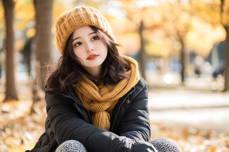 beautiful young asian woman in yellow cap and scarf in autumn parkの素材