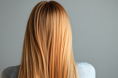 Young woman with beautiful long blond hair on grey background, closeupの素材