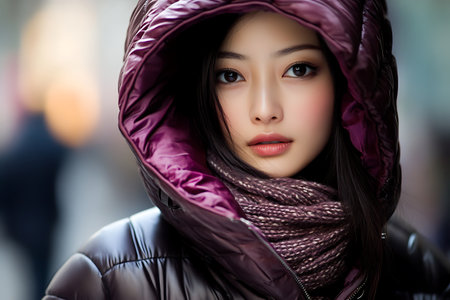 Beautiful asian woman wearing winter coat and scarf in the cityの素材