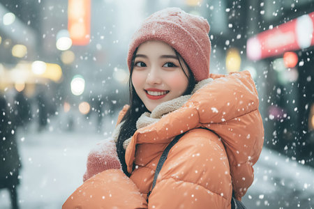 Beautiful young asian woman wearing winter clothes in the city at snowfall.の素材