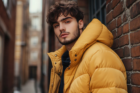 handsome young man in yellow jacket looking away while standing on streetの素材