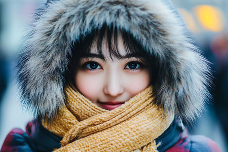 beautiful young asian woman wearing winter clothes outdoor in the cityの素材