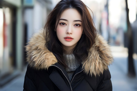 Portrait of beautiful asian woman in winter coat on the streetの素材