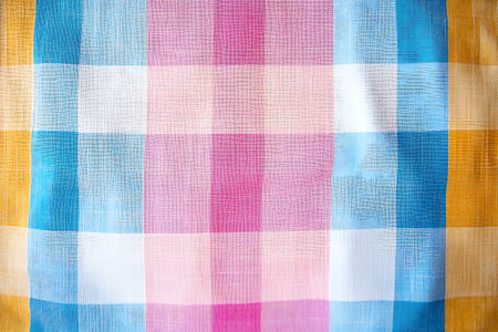 Colorful checkered tablecloth background. Textile texture.の素材