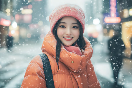 Beautiful asian woman smiling and looking at camera in the city at winter timeの素材