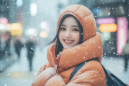beautiful asian woman smile and enjoy snowfall in the cityの素材