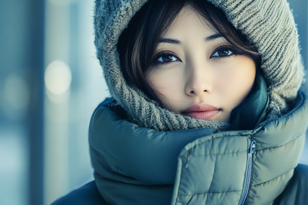 Beautiful asian woman in winter clothes, closeup portrait.の素材
