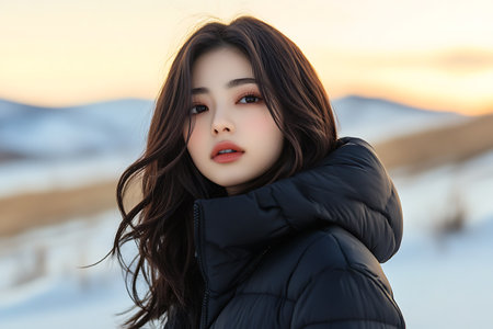 Outdoor portrait of beautiful young asian woman in winter clothes.の素材