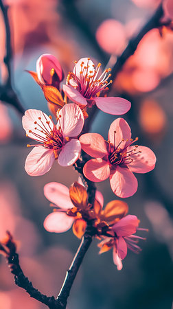 Beautiful blooming cherry tree branch with pink flowers in spring timeの素材