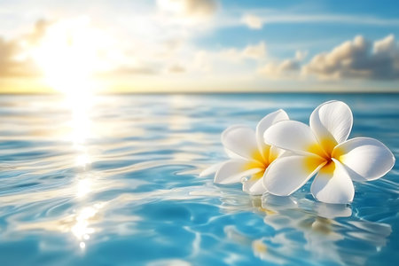 Frangipani flower on the water with sunset background, spa conceptの素材