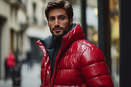 Portrait of a handsome young man in a red down jacket.の素材