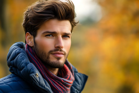 Portrait of a handsome young man in the autumn park. Men's beauty, fashion.の素材