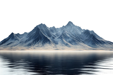 3D illustration of a mountain range reflected in the water of a lakeの素材