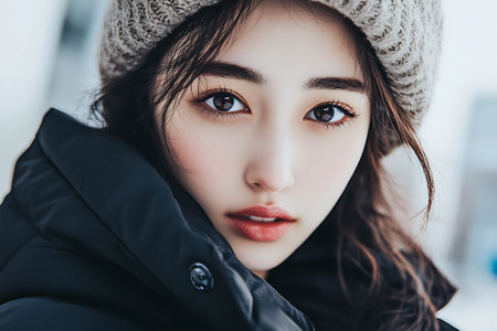 beautiful young asian woman in coat and hat looking at cameraの素材