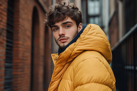Portrait of a handsome young man in a yellow down jacket.の素材