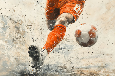 Soccer player in action kicking the ball on grunge background.の素材