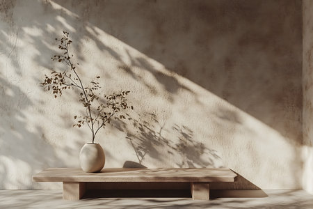 Minimalistic interior with wooden table and plant in vase. Mock up, 3D Renderingの素材