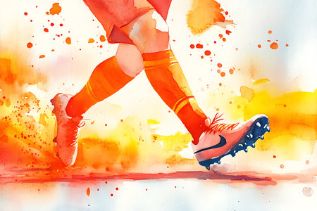 Soccer player in action on watercolor background. Digital illustration.の素材