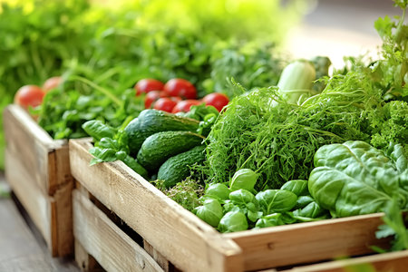 Assortment of fresh vegetables in wooden box on table, closeupの素材