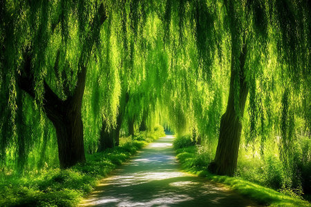 Beautiful green alley with willow trees in the city park.の素材