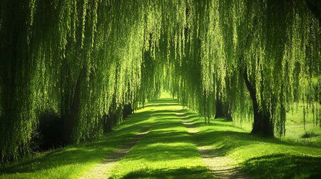 Green weeping willow trees in the park. Nature background. Summer landscape.の素材