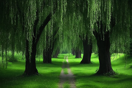 Conceptual image of a green forest with a path in the middleの素材