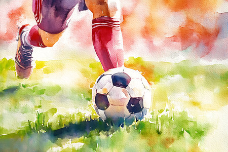 Soccer player kicking the ball on the field. Watercolor illustrationの素材