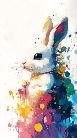 White rabbit with multicolored spots on a white background. Illustrationの素材