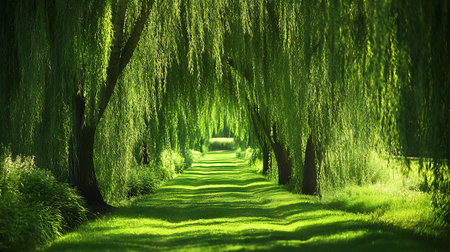 Green weeping willow alley in the park at sunset, spring timeの素材