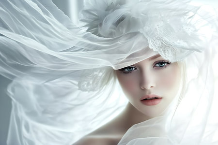 Portrait of a beautiful young woman with white veil. Beauty, fashion.の素材