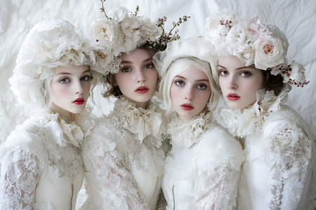 Three beautiful young women in white dresses with flowers in their hair.の素材