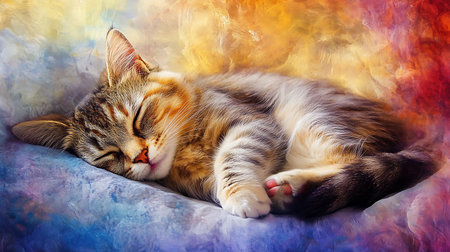 Siberian cat sleeping on a colorful background. Fluffy pet.の素材