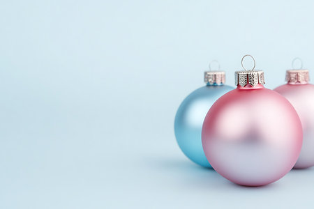 Christmas baubles on blue background with copy space. 3D renderingの素材