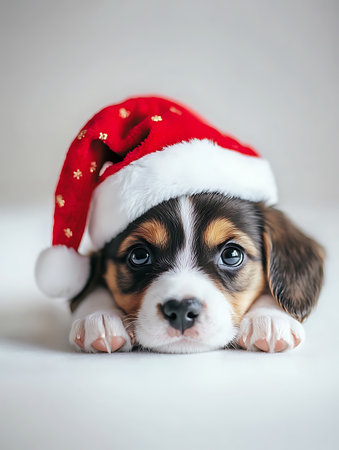 Cute Beagle puppy wearing Santa Claus hat on white background.の素材