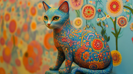 Blue cat sitting on a chair in front of a colorful wall.の素材