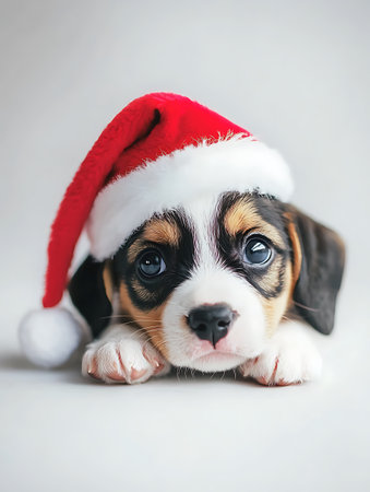 christmas beagle puppy with red santa hat on white backgroundの素材