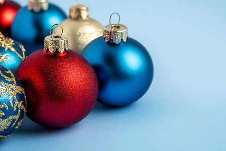 Colorful Christmas ornaments on a blue background with copy spaceの素材