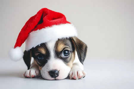 Cute puppy in red christmas hat lying on white background.の素材
