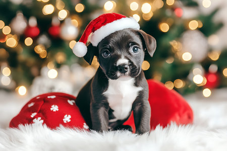 Cute puppy with santa hat on the background of the Christmas treeの素材