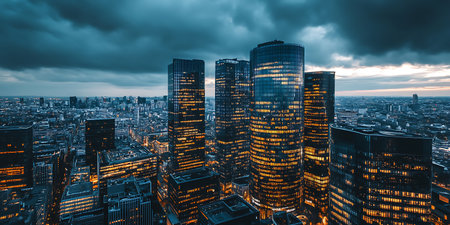New York City skyline with skyscrapers at night, USA.の素材