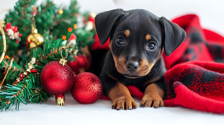Cute puppy of doberman pinscher, black and tan with Christmas ornamentsの素材