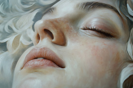 Close up of face of a beautiful young woman with closed eyes.の素材