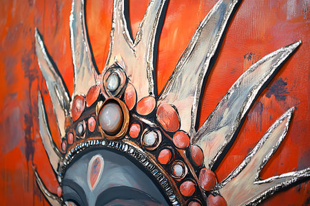 closeup of a carnival mask on a red background with copy spaceの素材